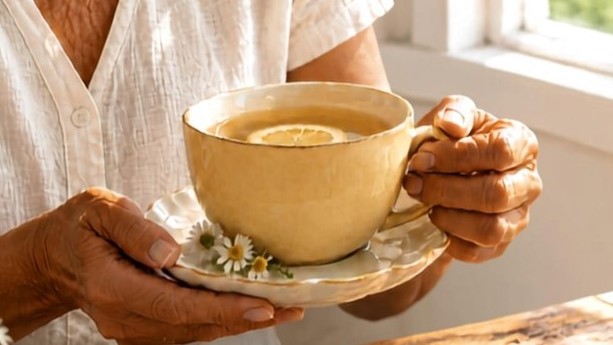 Manos de una mujer mayor sosteniendo una taza de té de manzanilla