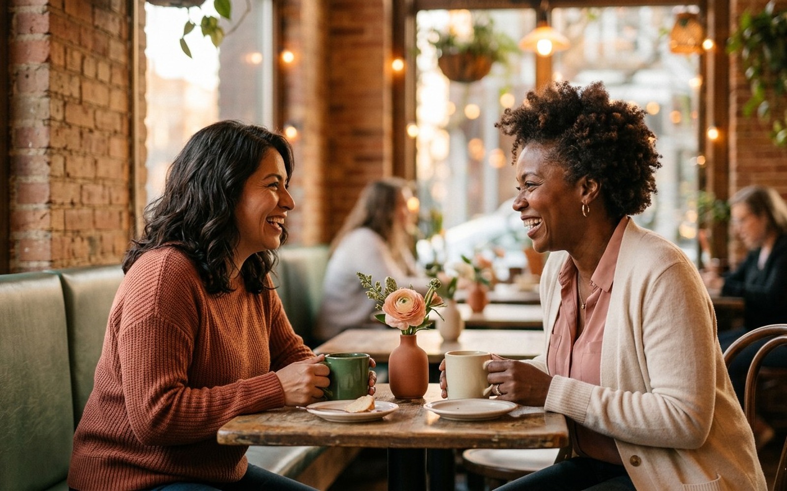 Dos mujeres conversando y riendo en una mesa de café